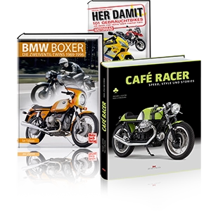 Trois livres Typenkompass consacrés aux BMW Boxer, aux Café Racer et aux motos d'occasion, avec de nombreuses photos.
